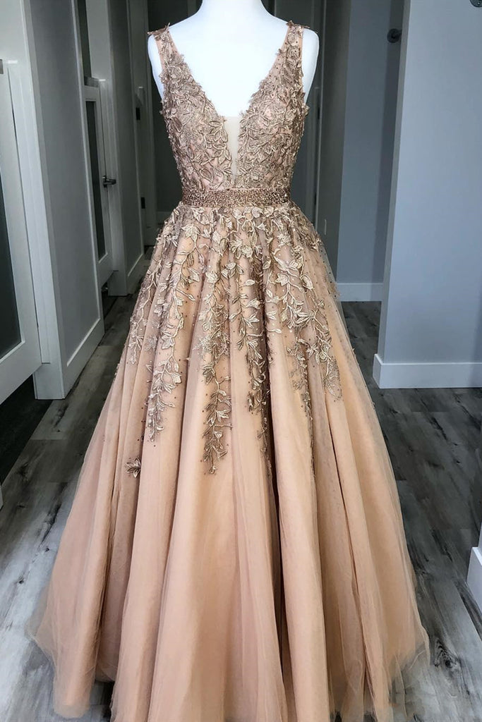 Champagne V Neck Lace Tulle Long Prom Dresses, Champagne Lace Formal D abcprom Champagne V Neck Lace Tulle Long Prom Dresses, Champagne Lace Formal D abcprom