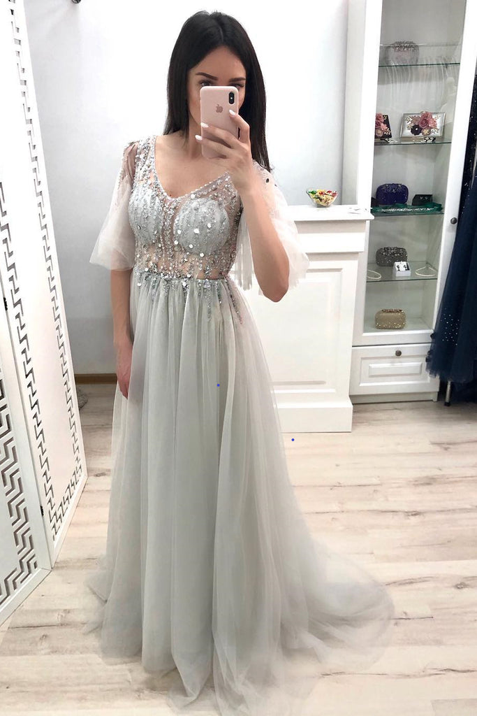Charming A Line V Neck Beaded Grey Tulle Long Prom Dress, V Neck Grey Formal Graduation Evening Dress with Beadings