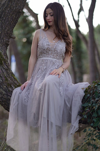 Charming Light Gray Lace V Neck Long Prom Dress, Light Gray Lace Formal Graduation Evening Dress