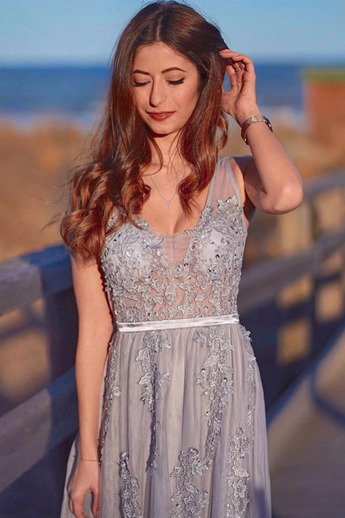 Charming Light Gray Lace V Neck Long Prom Dress, Light Gray Lace Forma abcprom Charming Light Gray Lace V Neck Long Prom Dress, Light Gray Lace Forma abcprom