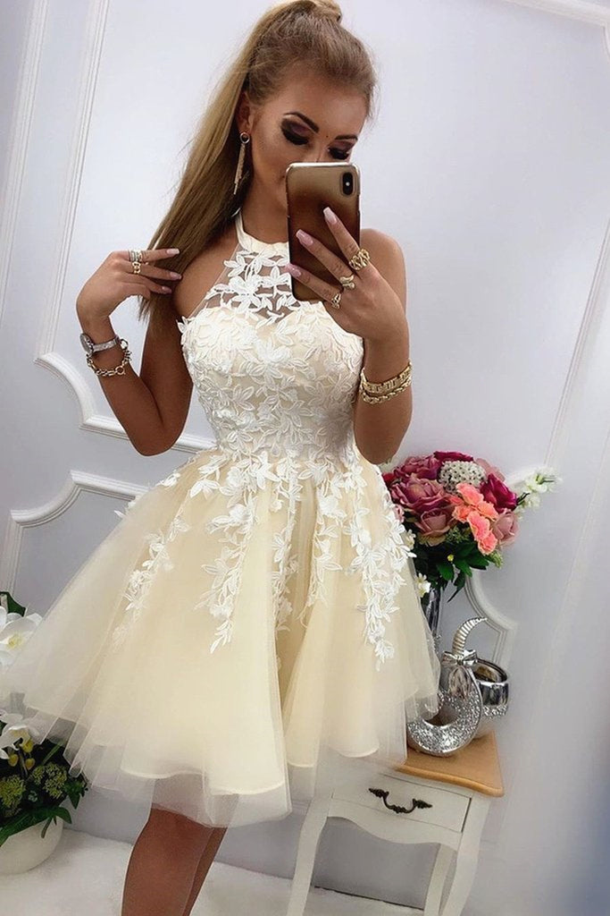Charming Round Neck Short Yellow Lace Prom Dress, Yellow Lace Formal Graduation Homecoming Dress