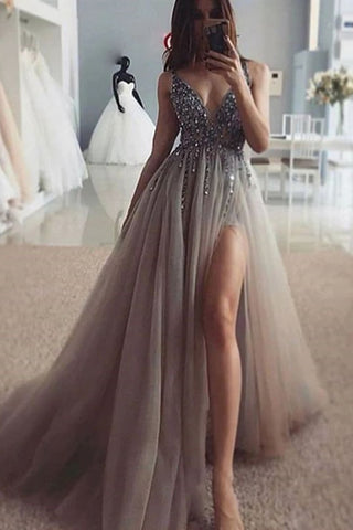 Charming V Neck Silver Gray Beaded Long Prom Dress with High Split, Silver Gray Formal Evening Dress with Beading