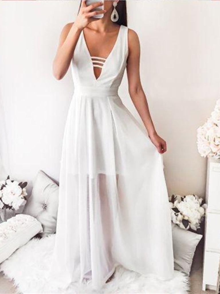 Chic A Line V Neck Floor Length Ivory Long Prom Dresses, Ivory V Neck abcprom Chic A Line V Neck Floor Length Ivory Long Prom Dresses, Ivory V Neck abcprom
