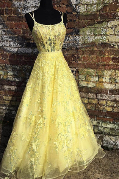 Custom Made Backless Yellow Lace Floral Long Prom Dress, Yellow Lace Formal Graduation Evening Dress