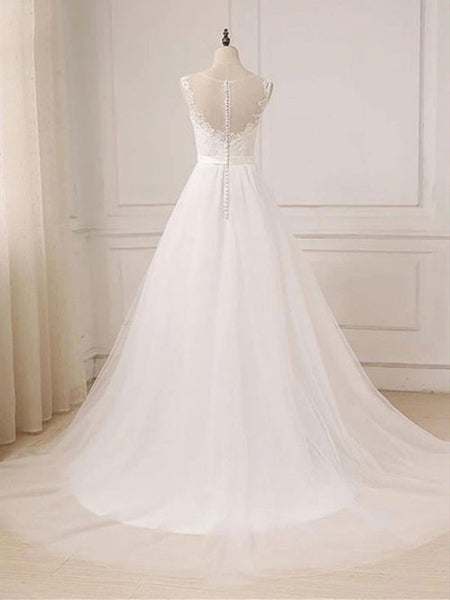 Custom A Line Round Neck Lace Tulle White Long Prom Dresses, White Lace Formal Dresses, White Evening Dresses