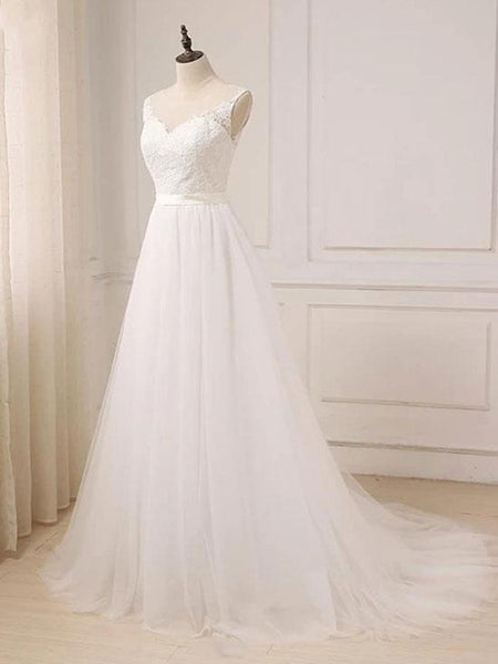 Custom A Line Round Neck Lace Tulle White Long Prom Dresses, White Lace Formal Dresses, White Evening Dresses