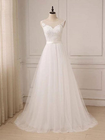 Custom A Line Round Neck Lace Tulle White Long Prom Dresses, White Lace Formal Dresses, White Evening Dresses