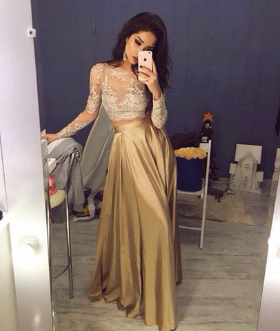 Custom Made A-Line Round Neck Champagne Chiffon Lace Prom Dresses, Lace Evening Dresses