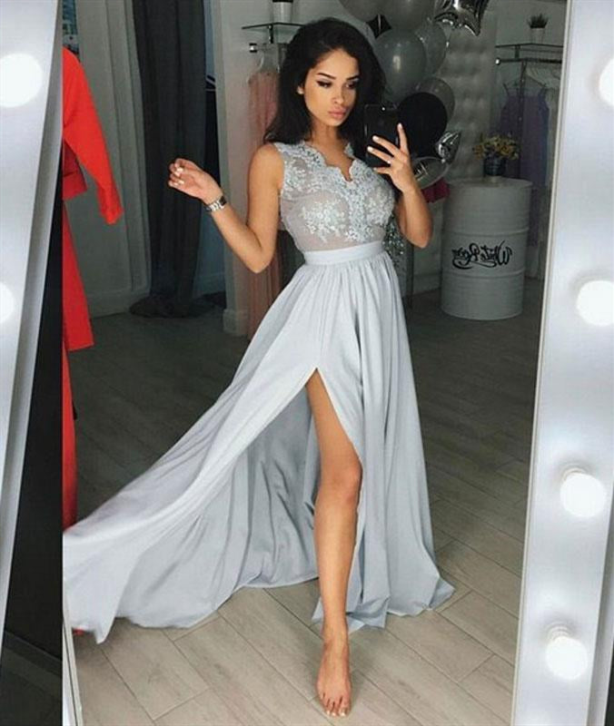 Custom Made A Line Lace Grey Chiffon Long Prom Dresses with High Slit, Grey Lace Formal Graduation Dresses, Grey Evening Dresses