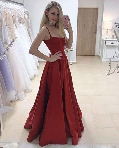 Custom Made A Line Spaghetti Straps Burgundy Satin Long Prom Dress with Side Leg Slit, Burgundy Formal Dress, Evening Dress