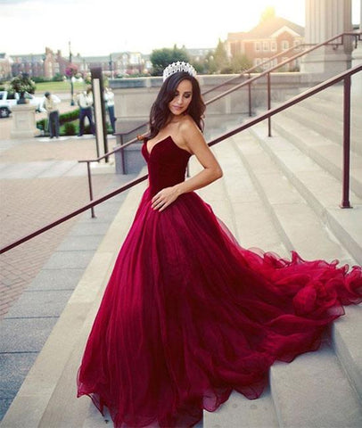 long red graduation dresses Custom Made A Line Sweetheart Neck Burgundy Long Prom Dresses, Burgund – abcprom