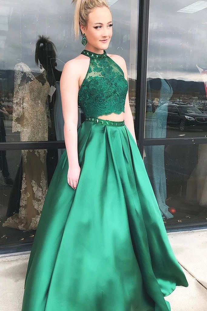 Custom Made A Line Two Pieces Lace Green Prom Dress, Green Two Piece F abcprom Custom Made A Line Two Pieces Lace Green Prom Dress, Green Two Piece F abcprom