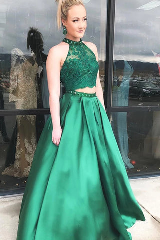 Custom Made A Line Two Pieces Lace Green Prom Dress, Green Two Piece Formal Dress, Green Lace Evening Dress