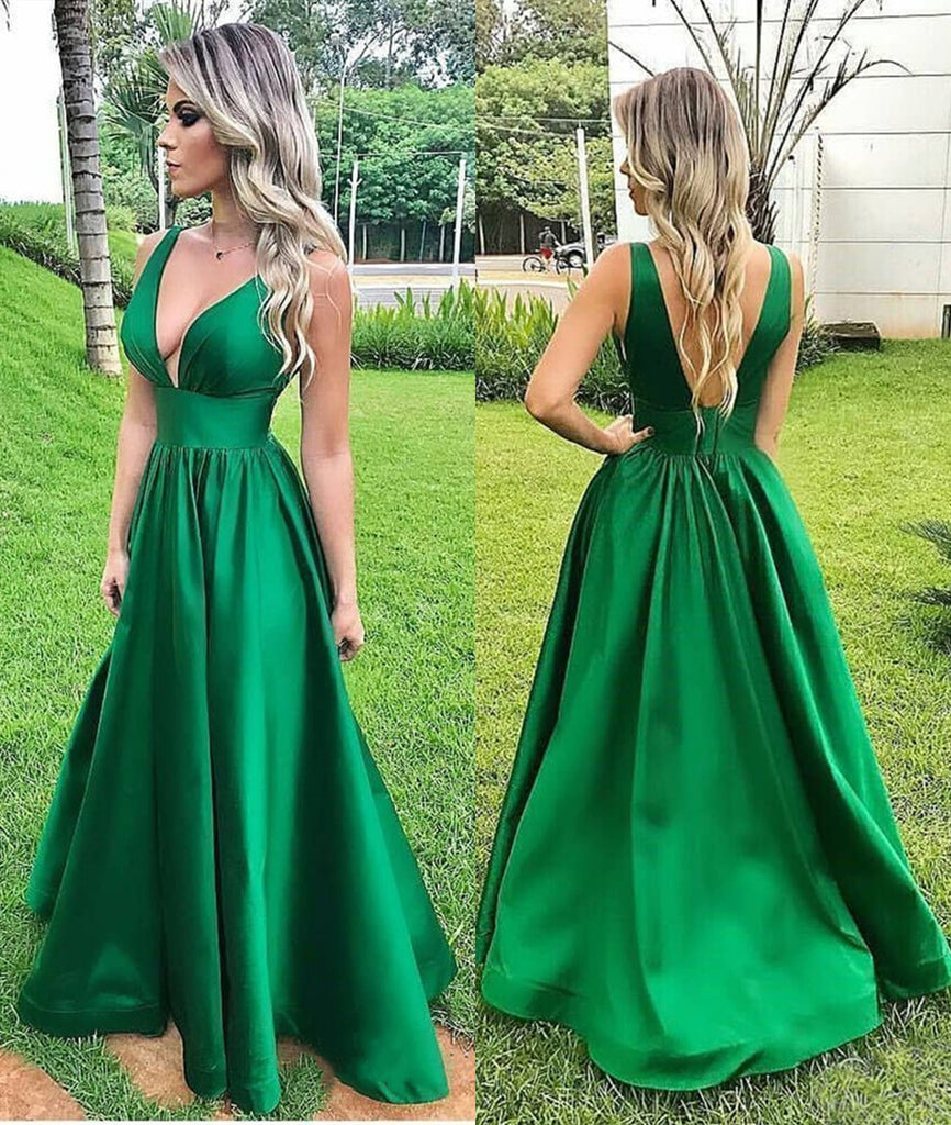 Custom Made A Line V Neck Backless Green Long Prom Dresses, V Neck Green Formal Graduation Evening Dresses