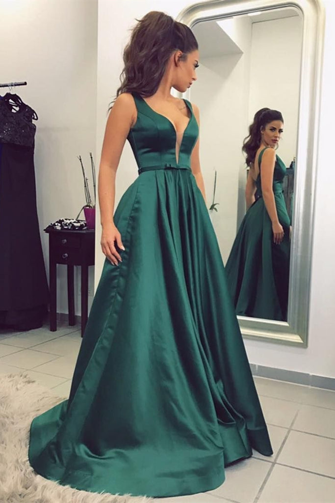 Custom Made A Line V Neck Green Satin Long Prom Dress, V Neck Green Formal Dress, Green Evening Dress