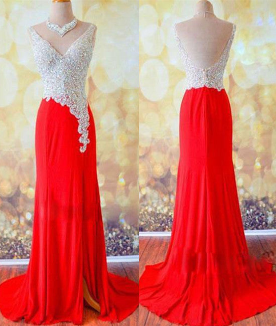 Custom Made A Line V Neck Sequins Red Prom Dresses, Red Evening Dresses