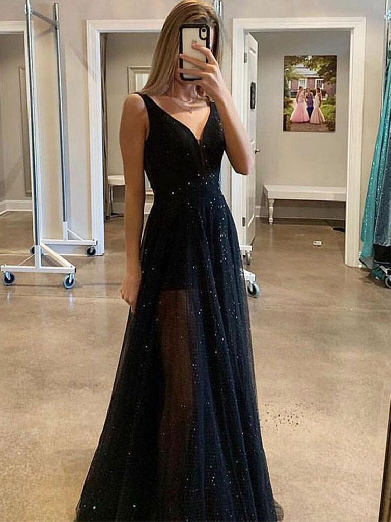 Custom Made A Line V Neck Sparkly Sequins Black Long Prom Dresses, Black V Neck Sequins Long Evening Dresses