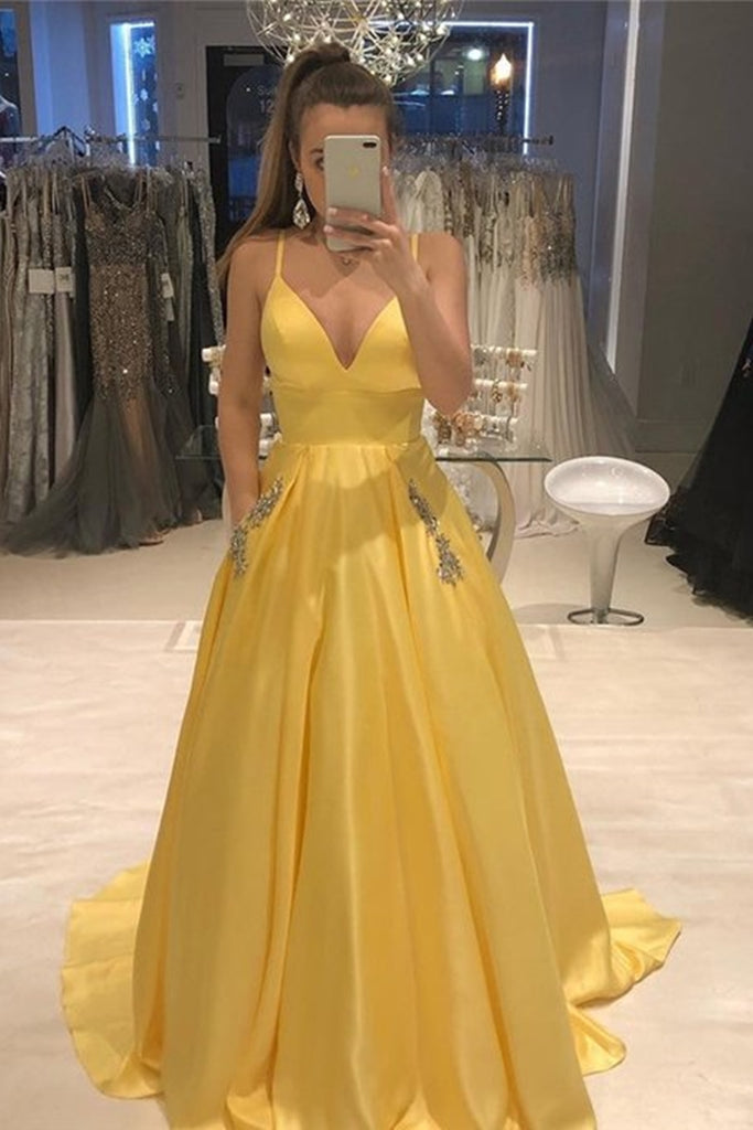 Custom Made A Line V Neck Yellow Satin Long Prom Dress with Pocket, V Neck Yellow Formal Graduation Evening Dress