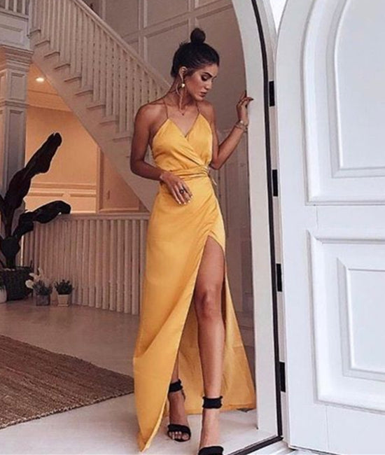 Custom Made A Line Yellow Long Prom Dress with Leg Slit, Yellow Formal abcprom Custom Made A Line Yellow Long Prom Dress with Leg Slit, Yellow Formal abcprom
