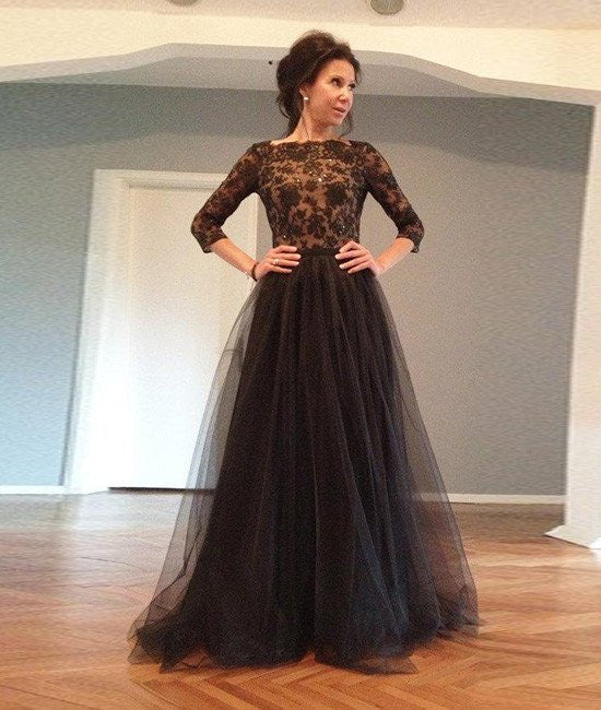 Custom Made Long Sleeves Backless Lace Black Prom Dresses, Lace Black abcprom Custom Made Long Sleeves Backless Lace Black Prom Dresses, Lace Black abcprom