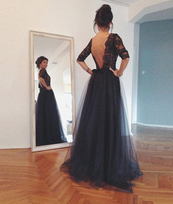 Custom Made Long Sleeves Backless Lace Black Prom Dresses, Lace Black Formal Dresses Custom Made Long Sleeves Backless Lace Black Prom Dresses, Lace Black Formal Dresses