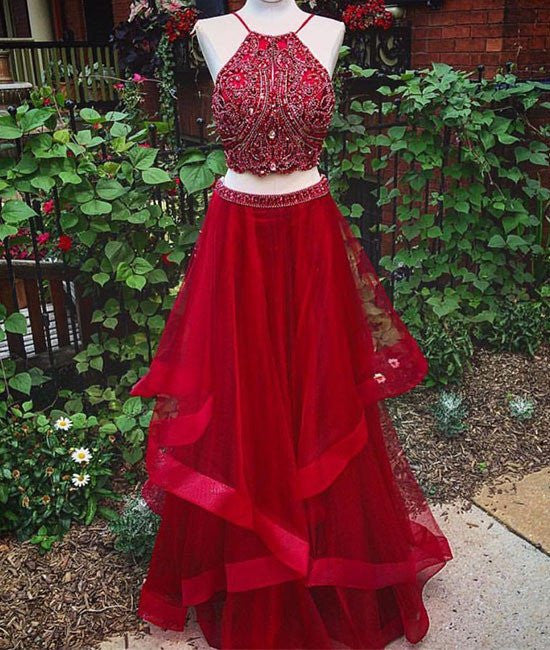 Custom Made Beaded Red Halter Two Piece Prom Dresses ,Formal Dresses