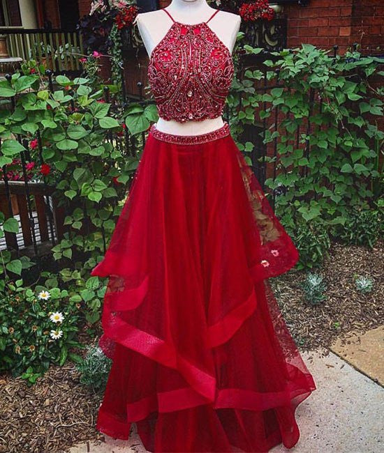 Custom Made Beaded Red Halter Two Piece Prom Dresses ,Formal Dresses abcprom Custom Made Beaded Red Halter Two Piece Prom Dresses ,Formal Dresses abcprom