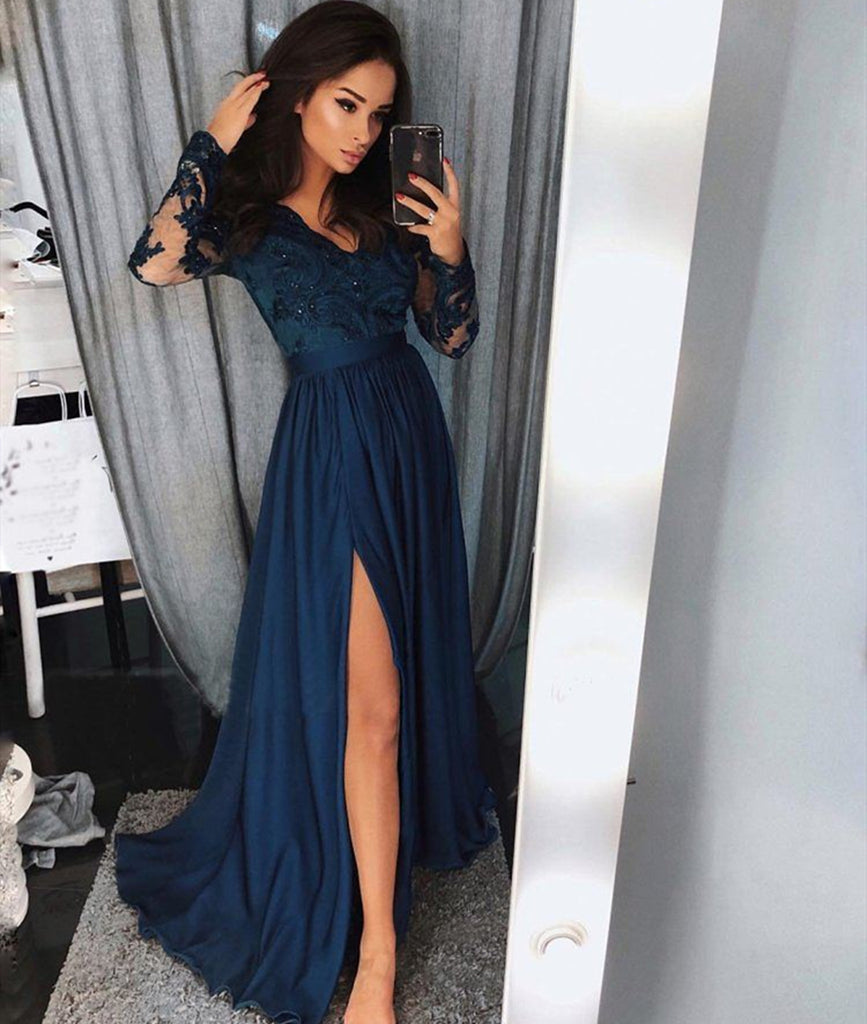 Custom Made Blue Long Sleeves Lace Prom Dress with Leg Slit Blue Lace Long Evening Dress Blue Graduation Dress