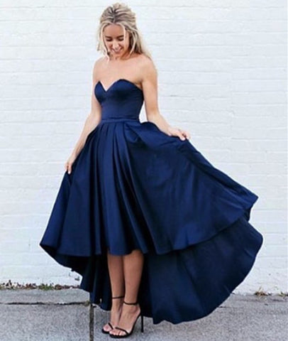 Custom Made Dark Blue hi-lo Prom Dresses, Pleated Voluminous Evening Dresses