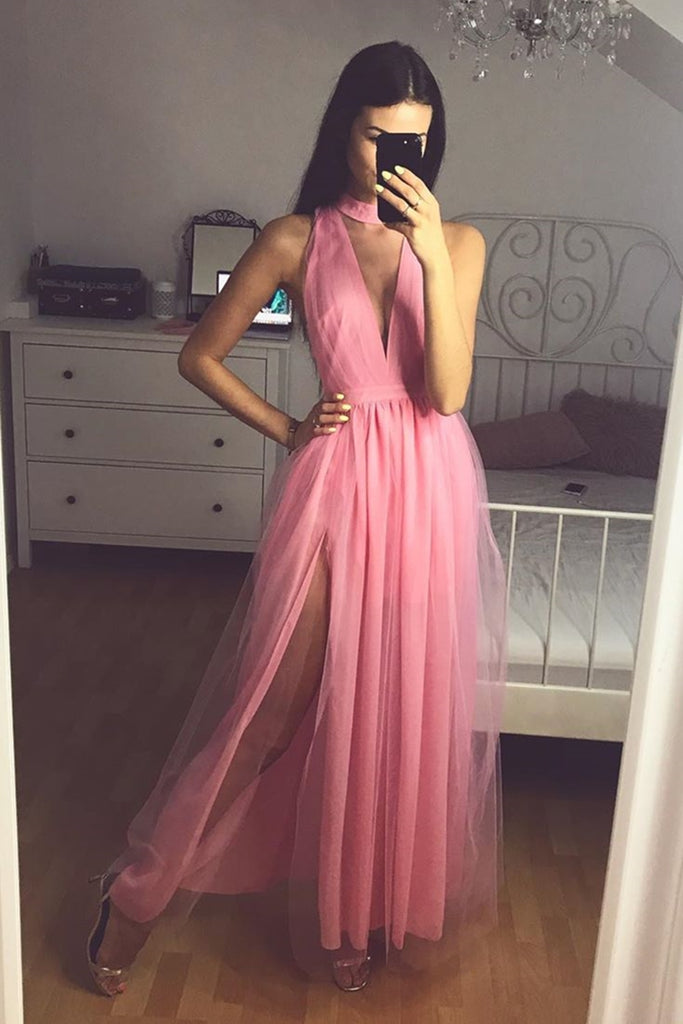 Custom Made Deep V Neck Pink Tulle Long Prom Dress with Slit, V Neck Pink Formal Dress, Pink Evening Dress