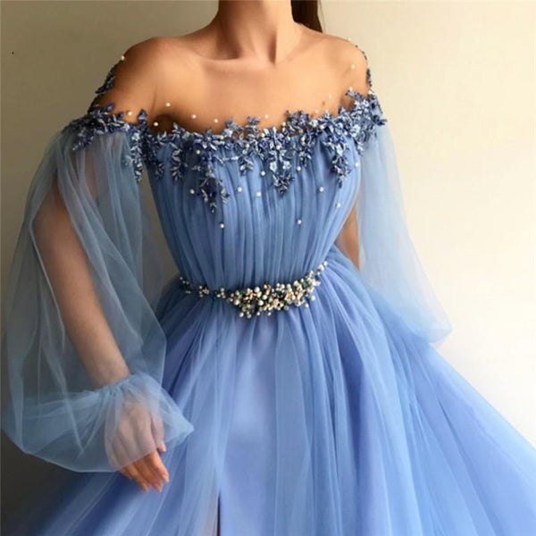 Custom Made Long Sleeves Baby Blue Tulle Long Prom Dress with Slit, Baby Blue Formal Dress, Blue Long Sleeves Evening Dress