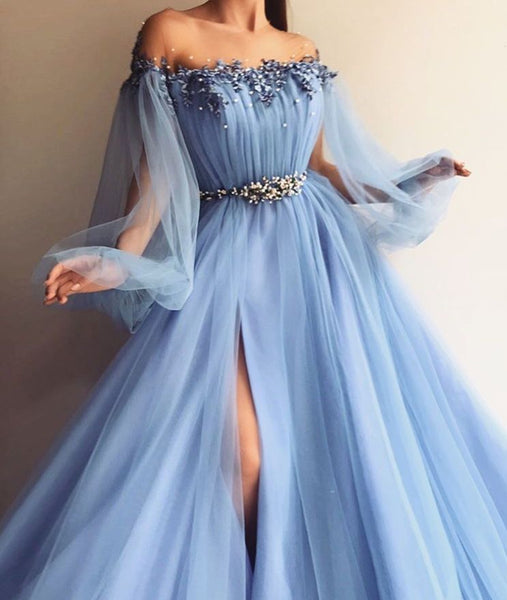 Custom Made Long Sleeves Baby Blue Tulle Long Prom Dress with Slit, Ba