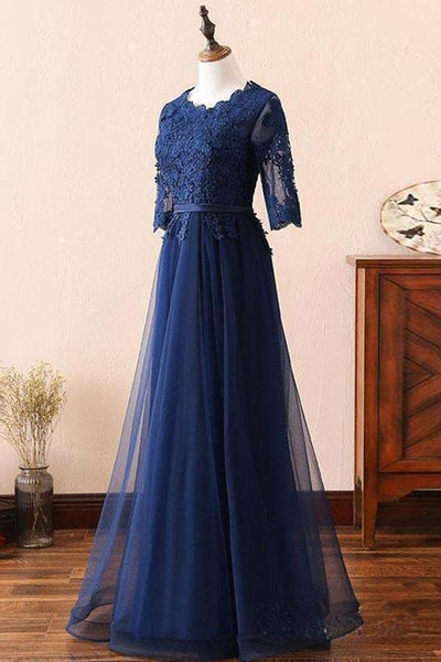 Custom Made Long Sleeves Navy Blue Lace Prom Dress, Long Sleeves Lace Bridesmaid Dress, Long Sleeves Navy Blue Lace Formal Graduation Evening Dress