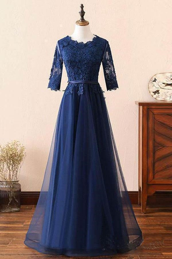Long sleeve navy blue evening gown hot sale