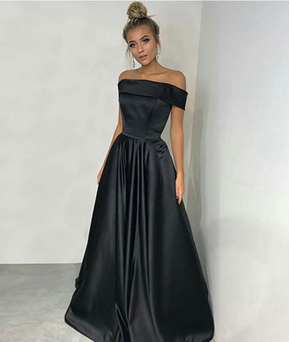 Custom Made Off Shoulder Black Satin Long Prom Dresses, Black Long Eve – abcprom