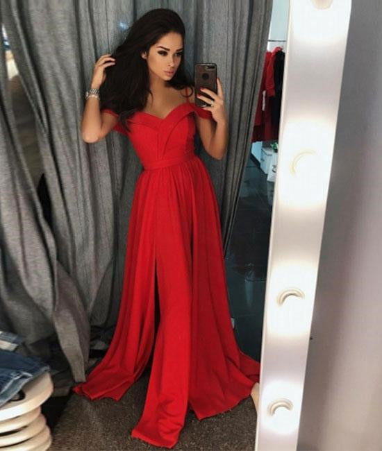 Custom Made Off Shoulder Red Long Prom Dresses With Slit, Off Shoulder Red Formal Dresses
