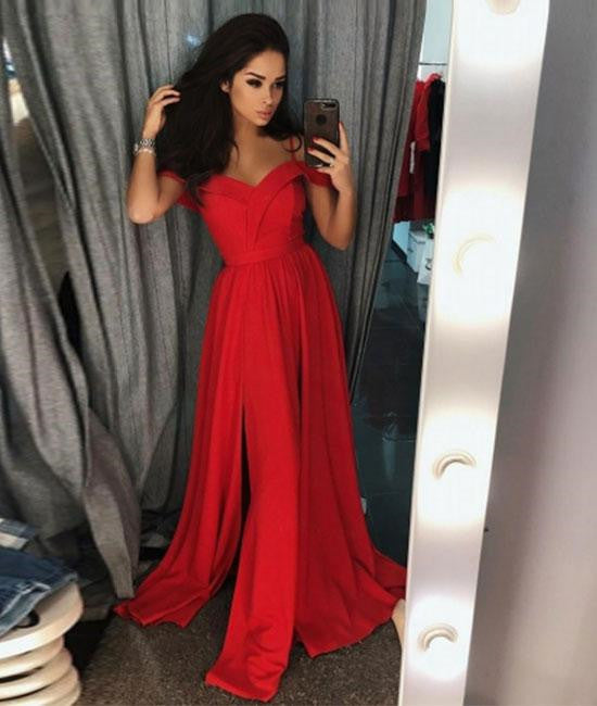 Custom Made Off Shoulder Red Long Prom Dresses With Slit, Off Shoulder abcprom Custom Made Off Shoulder Red Long Prom Dresses With Slit, Off Shoulder abcprom