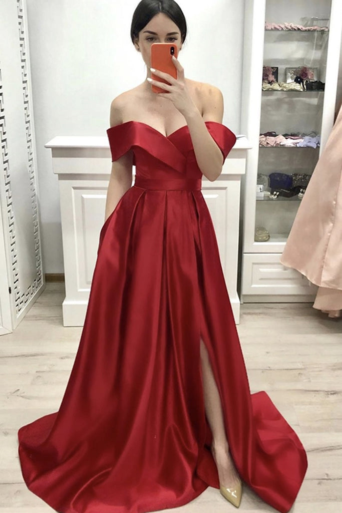 Custom Made Off the Shoulder Red Satin Long Prom Dress with Slit, Off Shoulder Red Formal Graduation Evening Dress