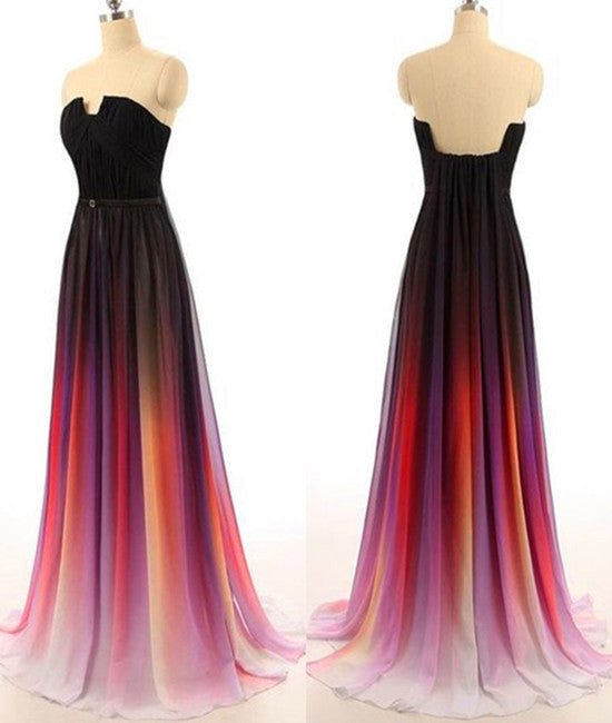 Custom Made Open Back Ombre Colorful Chiffon Prom Dresses, Open Back Evening Dresses