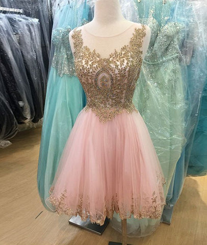 Custom Made Round-Neck Lace Short Prom Dresses, Pink Prom Dresses, Pink Homecoming Dresses