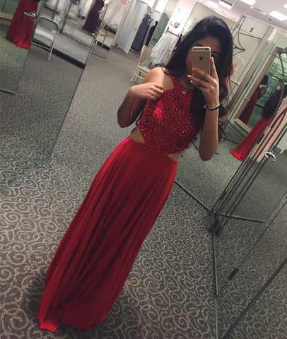 Custom Made Round Neck Beaded Red Prom Dresses, Red Beaded Evening Dresses