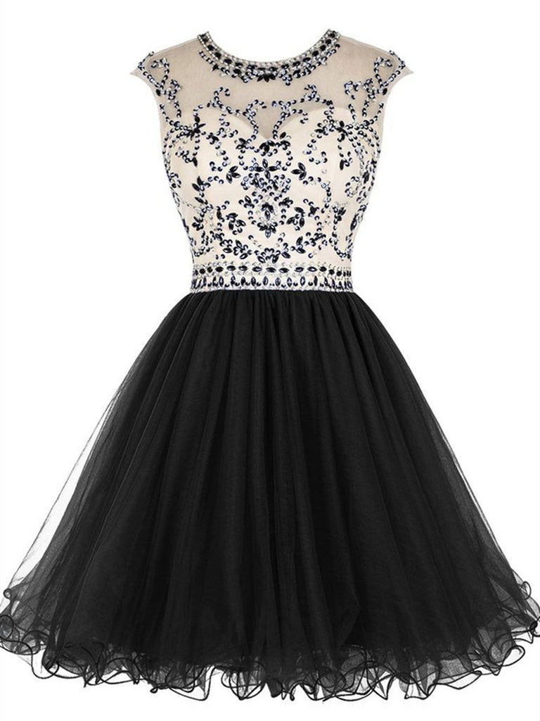 Custom Made Round Neck Cap Sleeves Beading Black Short Prom Dresses Ro abcprom Custom Made Round Neck Cap Sleeves Beading Black Short Prom Dresses Ro abcprom