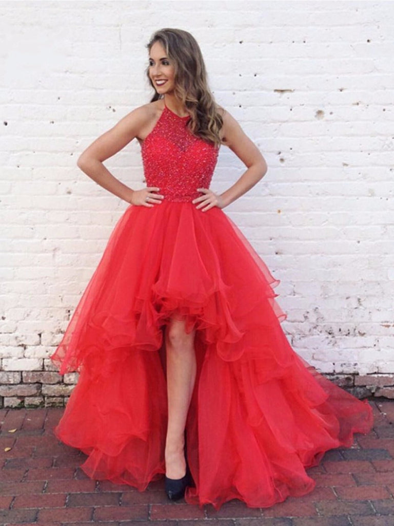 Custom Made Round Neck High Low Red Long Prom Dresses, High Low Red Formal Dresses, Red Evening Dresses