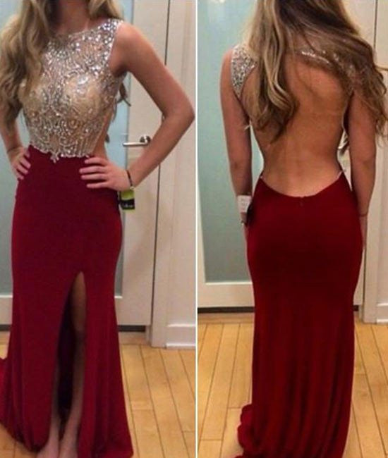 Custom Made Round Neck Sequins Backless Red Prom Dresses, Red Formal Dresses