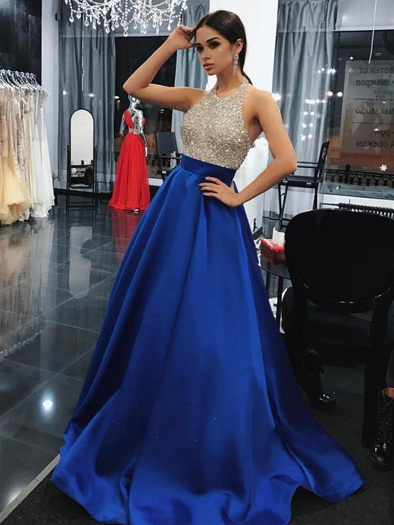 Custom Made Royal Blue A Line Round Neck Sleeveless Beading Satin Long abcprom Custom Made Royal Blue A Line Round Neck Sleeveless Beading Satin Long abcprom