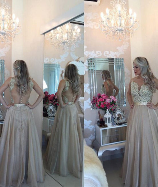 Custom Made Sleeveless Champagne Prom Dress, Champagne Evening Dresses