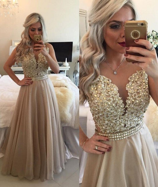 Champagne Beaded Prom Dresses Puffed Sleeve Bow-Tie Formal Dress AD111 –  Viniodress