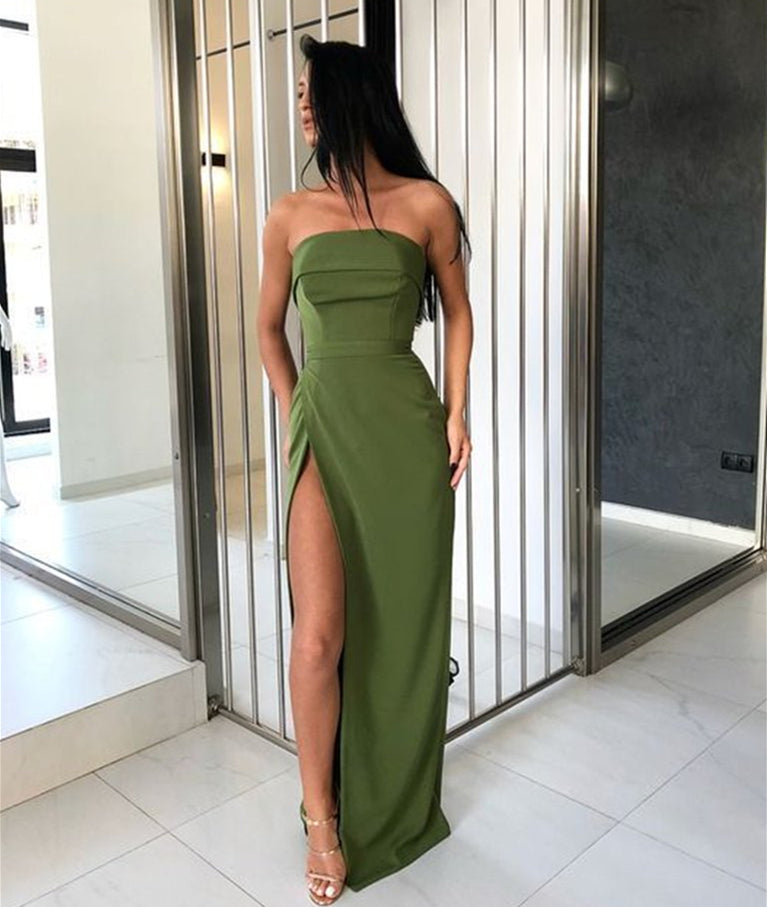 Custom Made Strapless Green Prom Dress with High Slit, Green Formal Graduation Dress, Evening Dress