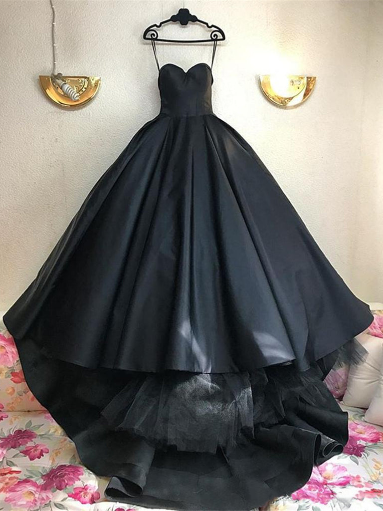 Custom Made Thin Straps Sweetheart Neck Black Ball Gown, Black Long Prom Dresses, Evening Dresses