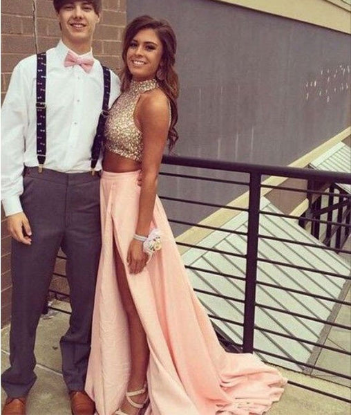 Custom Made Two Pieces Sequins Pink Prom Dresses, Pink Formal Dresses
